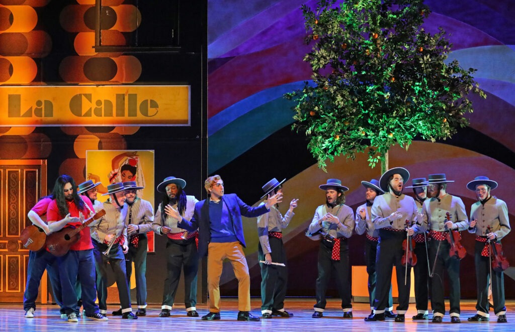 men standing around singing